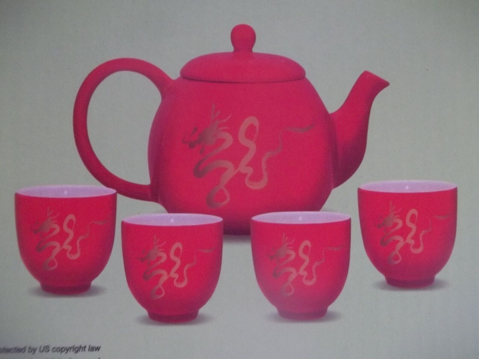 New in Box Benevolence Tea Set for Four with Tea Pot Red w/Golden Dragon Design