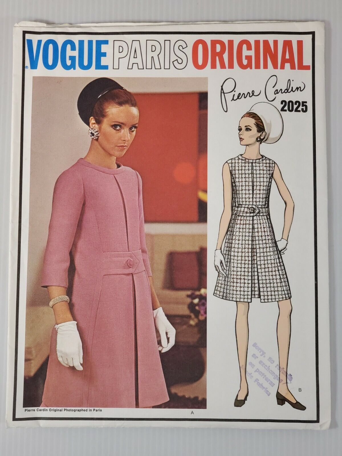 Vtg Vogue Paris Original  Sewing Pattern 2025 Pierre Cardin 1968 UNCUT