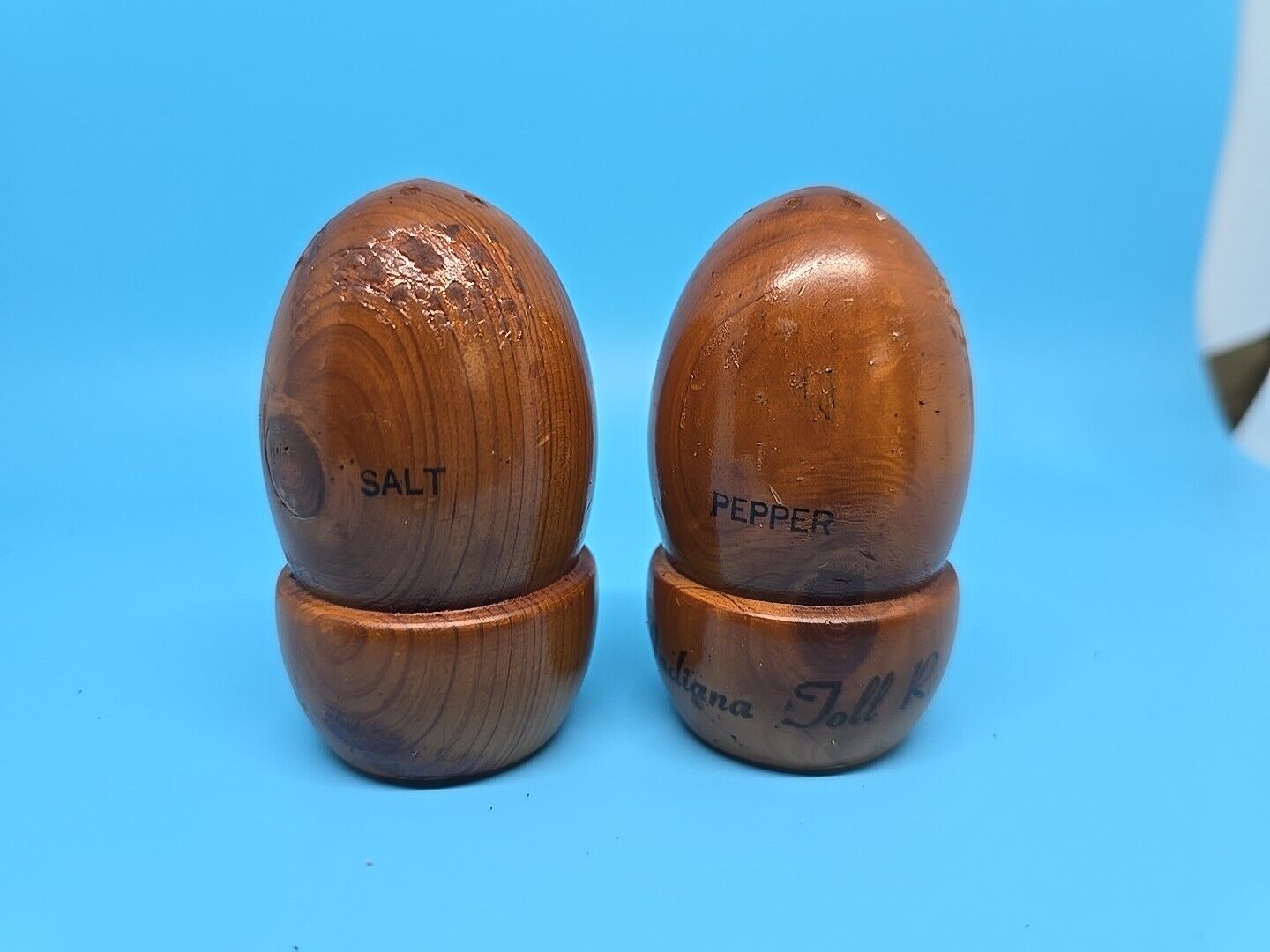 Vintage Wooden Salt & Paper Shakers INDIANA TOLL ROAD branded