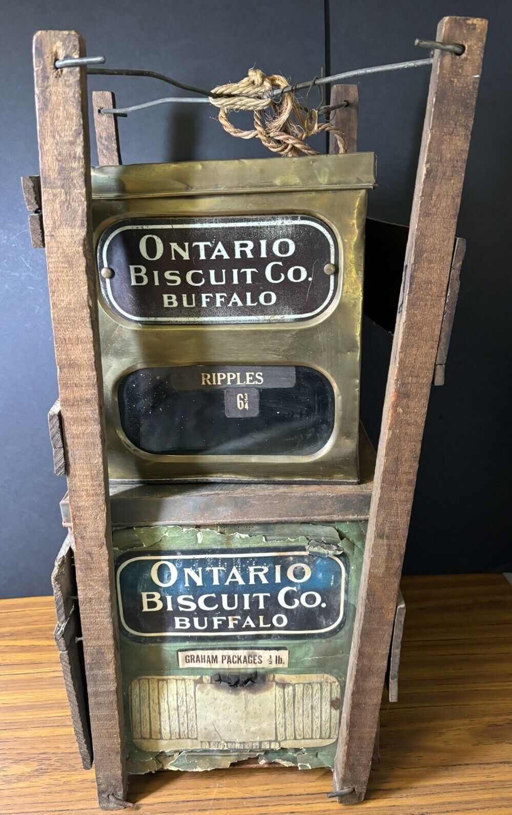 Ontario Biscuit Co Buffalo General Store Display Carrier Tin Glass Antique Early