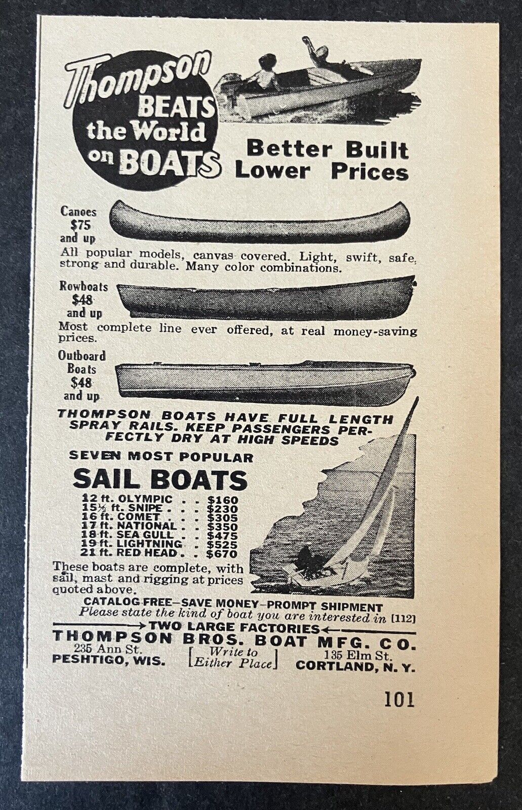 1942 Thompson Beats The World on Boats Cortland NY Peshtigo WI Vintage Print Ad