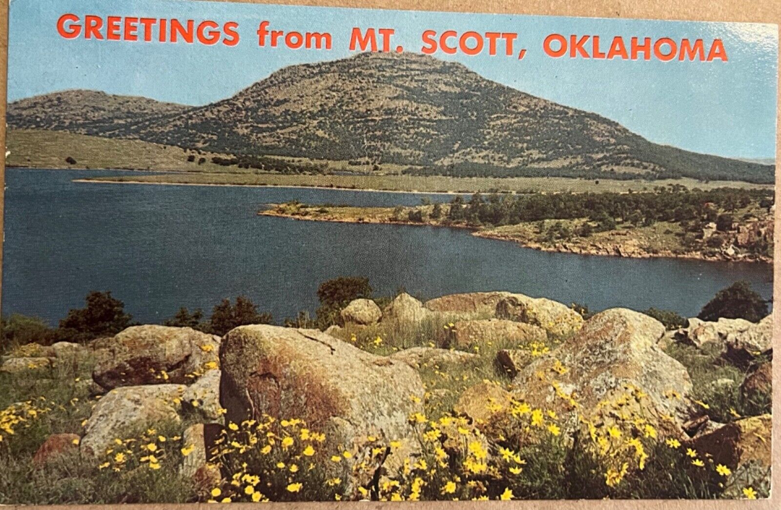 Mount Scott Oklahoma Lake Elmer Thomas Greetings Postcard 1970