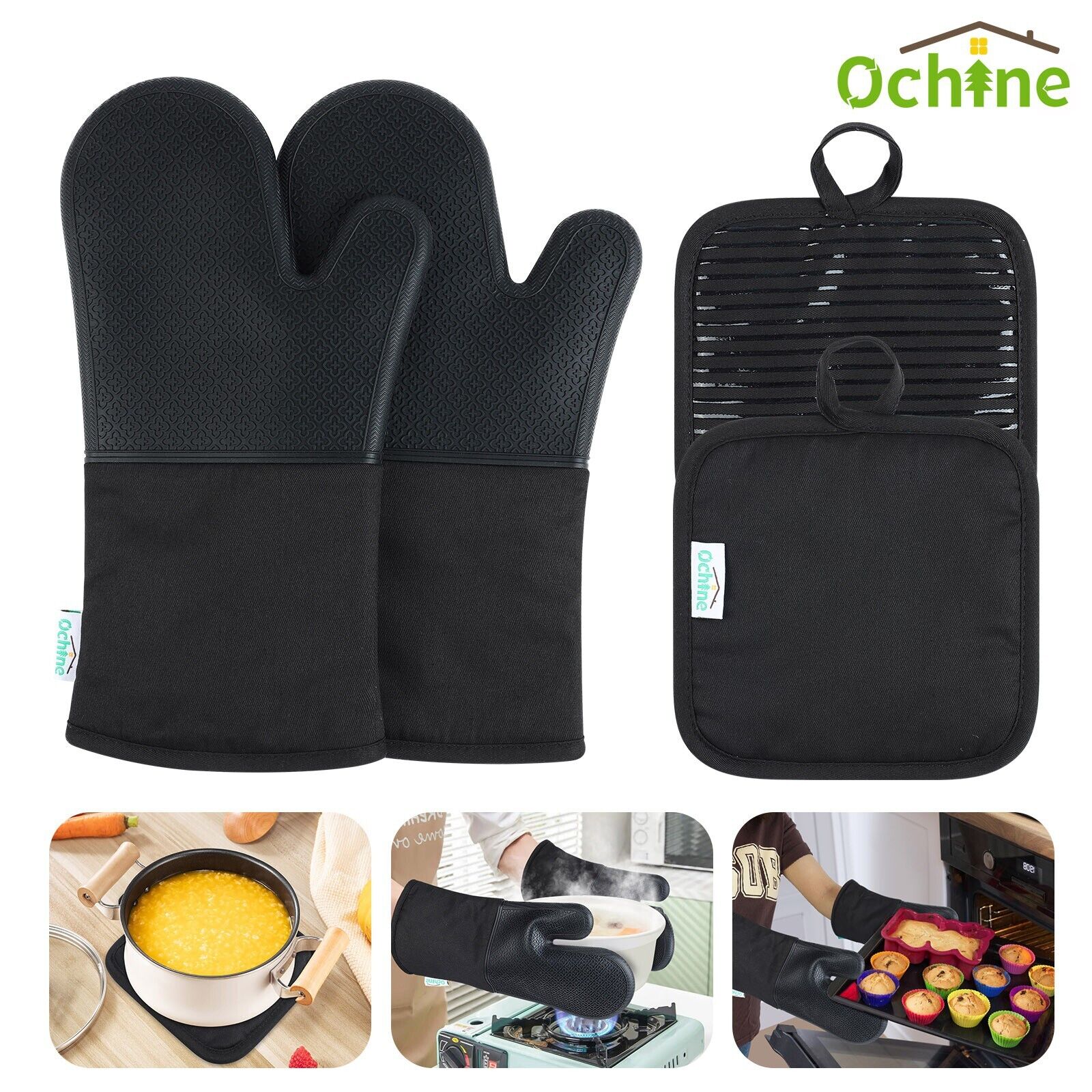 4pcs Set Cooking Mitts Silicone BBQ Heat Resistant Gloves Oven Grill Pot Holder 