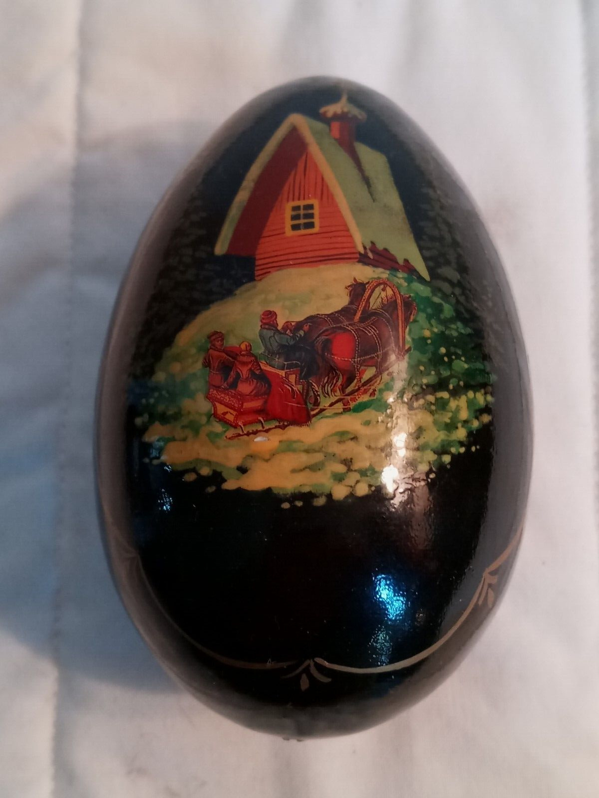 Vintage Russian Hand Painted Lacquer Wood Easter Egg Winter Sleigh Scene