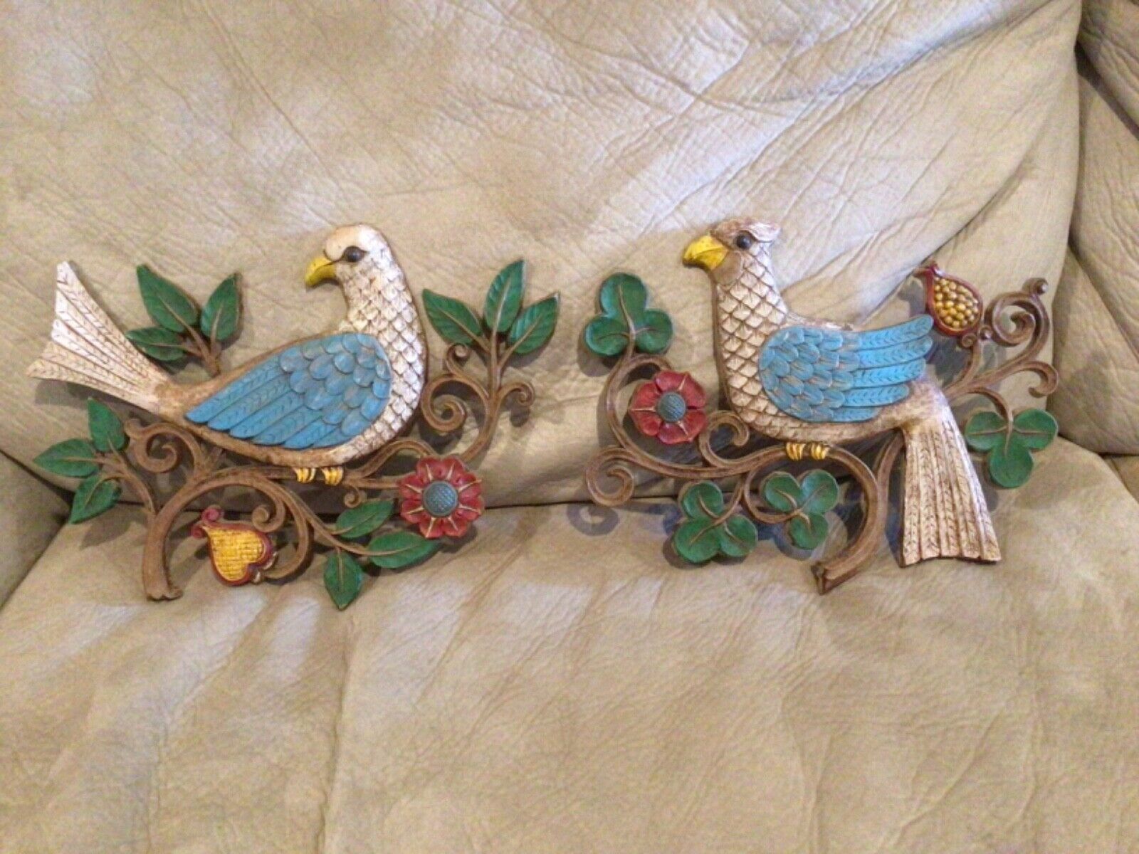 Vintage Syroco Partridge Birds on Flower Branch Set Of 2  MCM Art Wall Plaques