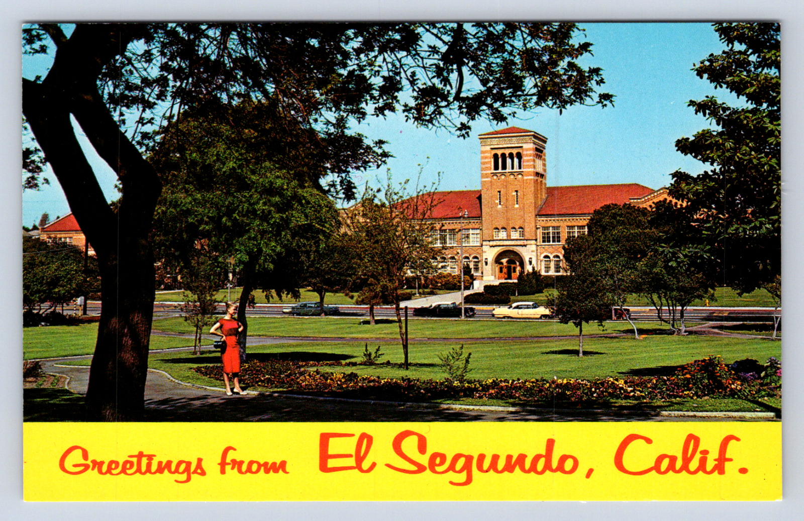 Vintage Postcard El Segundo California Library park High School