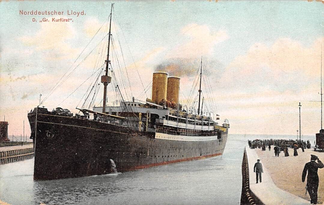SS GROSSER KURFURST IN HARBOR ~ NORD-DEUTSCHER LLOYD SHIP LINE, used USA 1907