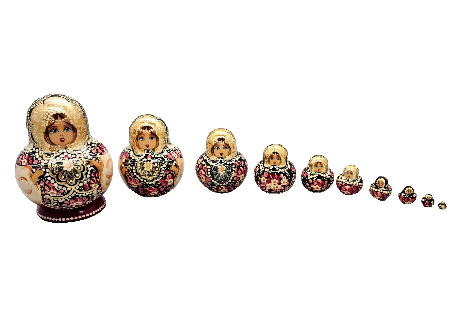 Vintage 10 pcs Russian Nesting Doll Matryoshka Floral Black Burgundy Gold Signed