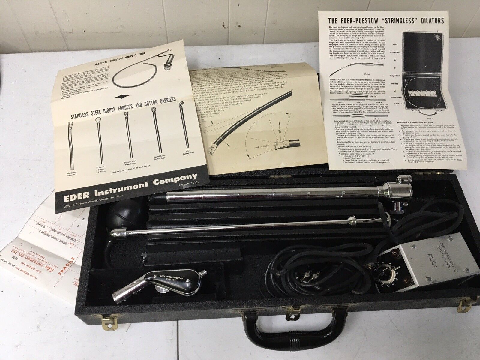 Vintage 1964 Eder-Hufford Esophagoscope kit with carrying case