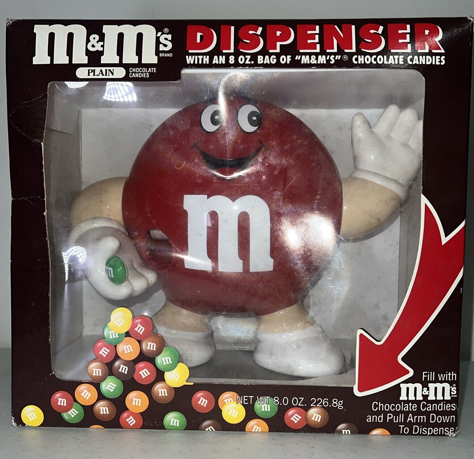 Vintage 1990s M&M Large Red Plain Candy Dispenser, Hand Lever, NEW, - IN BOX