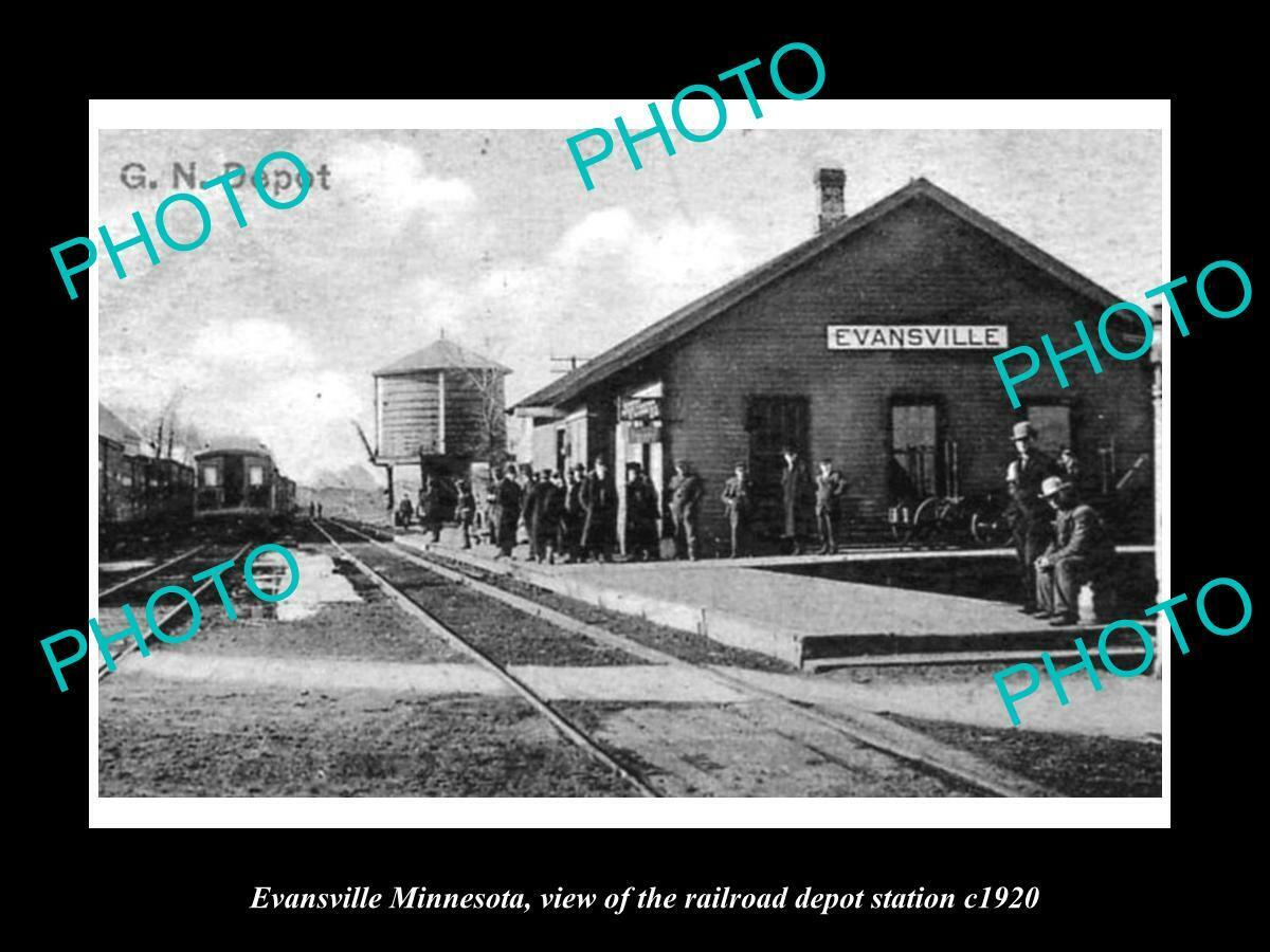 OLD 8x6 HISTORIC PHOTO OF EVANSVILLE MINNESOTA RAILROAD DEPOT STATION c1920