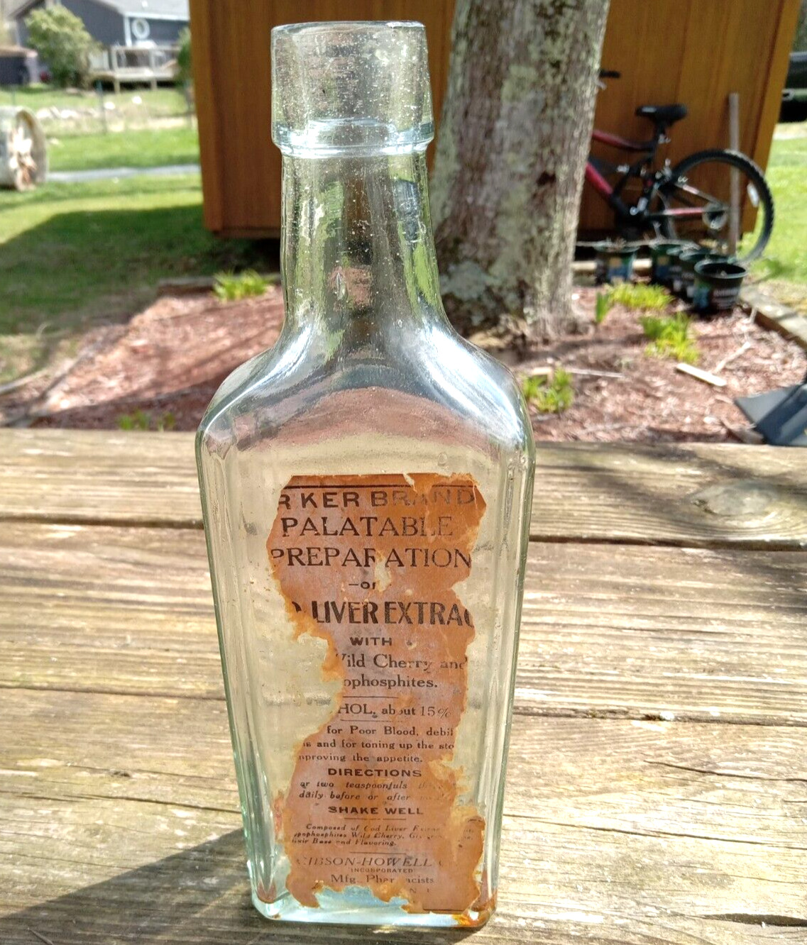 Antique Glass EMPTY Medicine Bottle Parker Brand Cod Liver Extract Paper Label