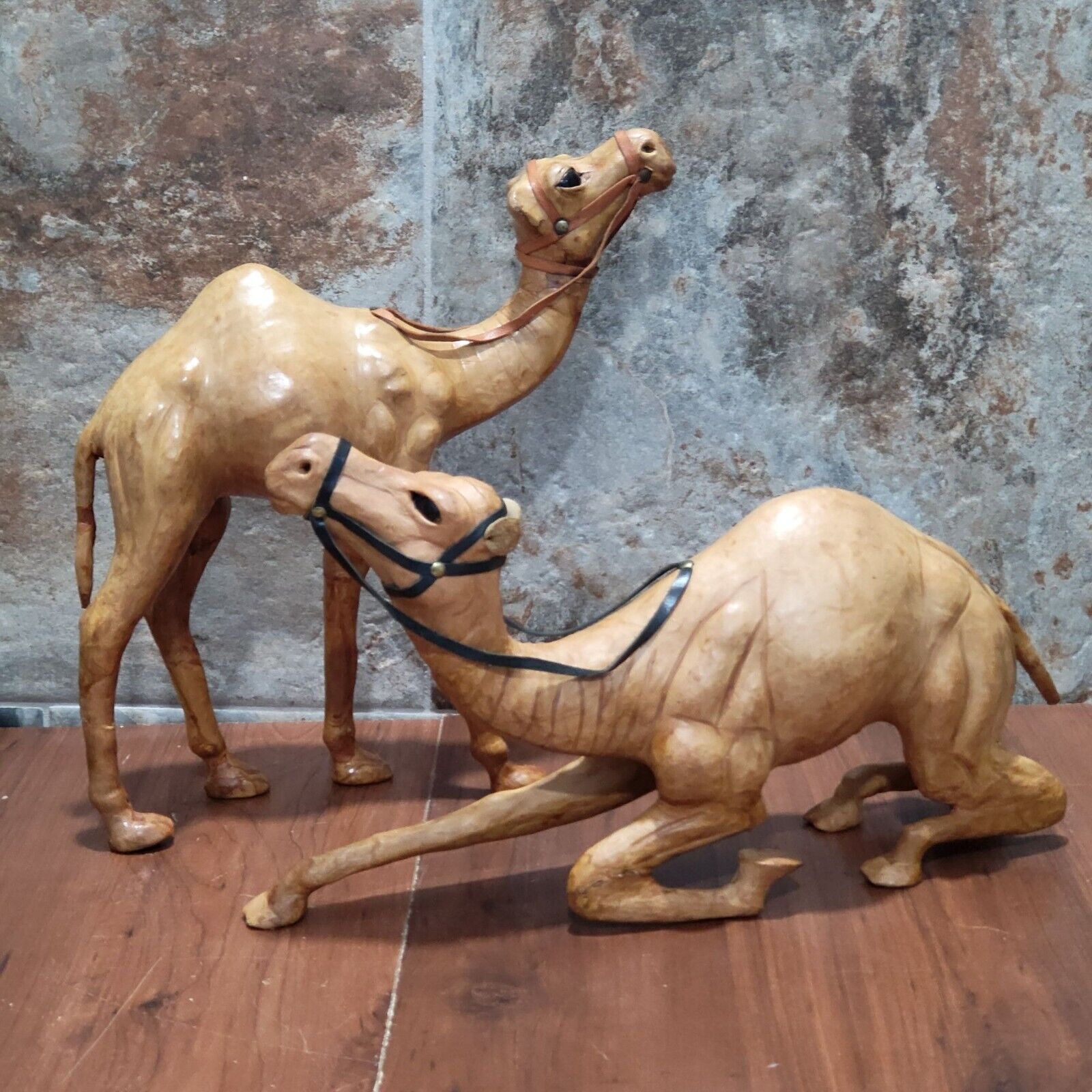 Vintage Leather Wrapped Camel Figurine Walking and Kneeling Camel Set of 2