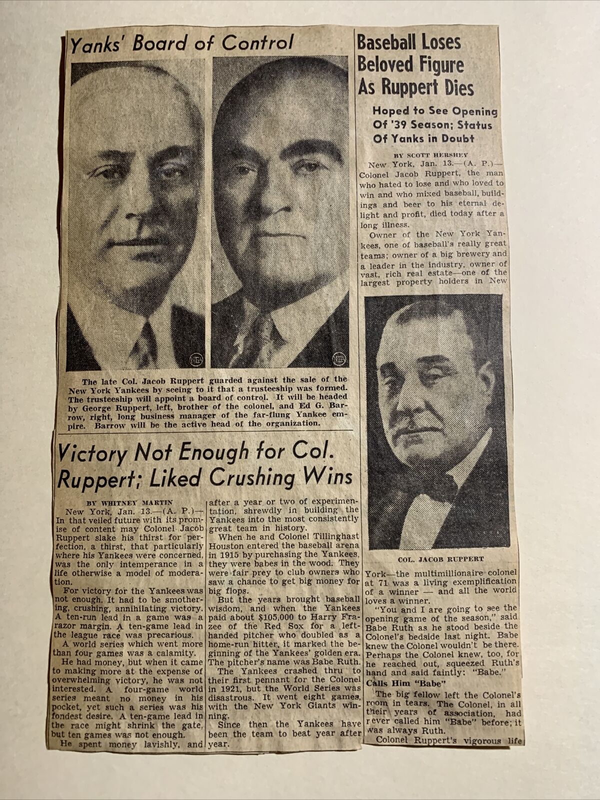 Jacob Ruppert Dies New York Yankees 1939 Sporting News Baseball 6X10 Panel