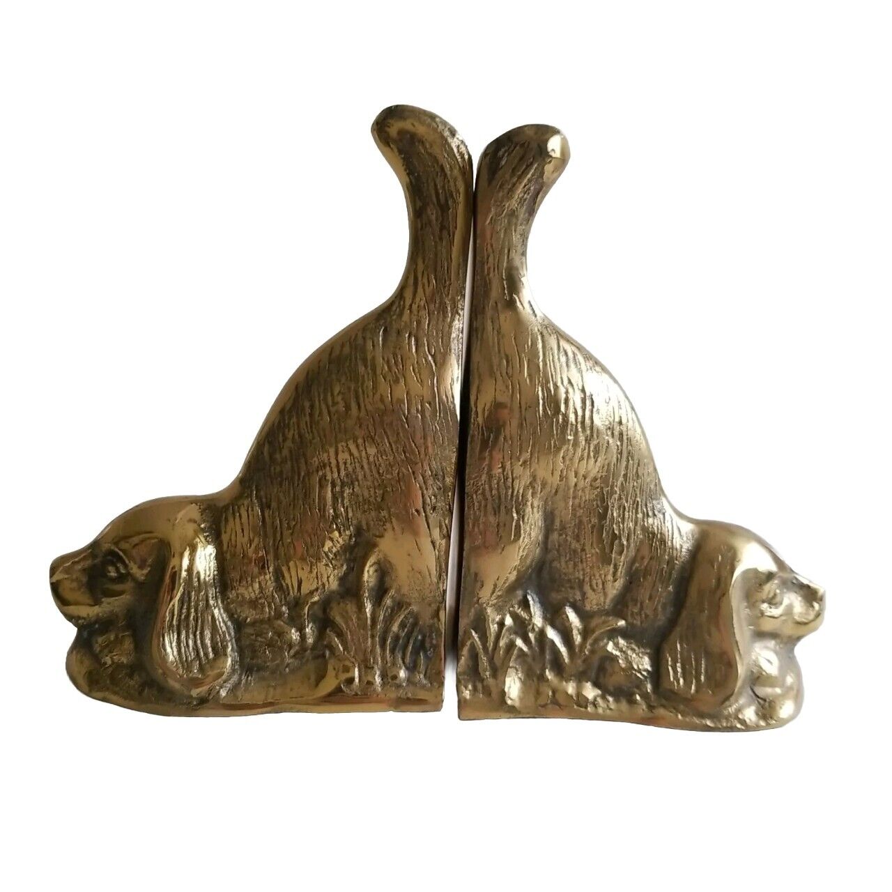 VTG Hunting / Playing Cocker Spaniel Puppy Dogs Solid Brass Bookends Gatco Korea