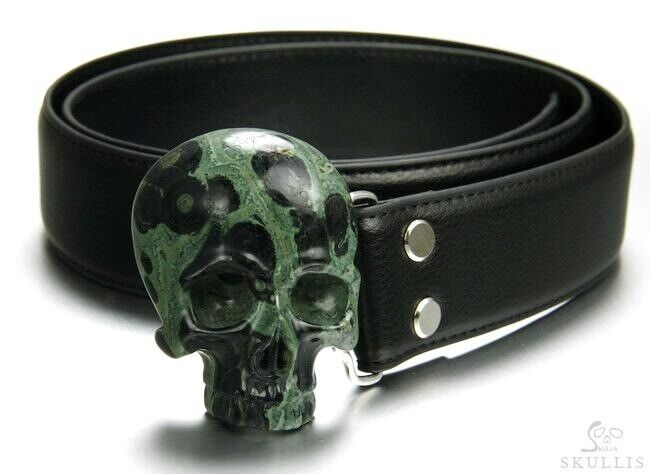 Kambaba Jasper & 925 Sterling Silver Carved Crystal Skull Buckle Belt 925