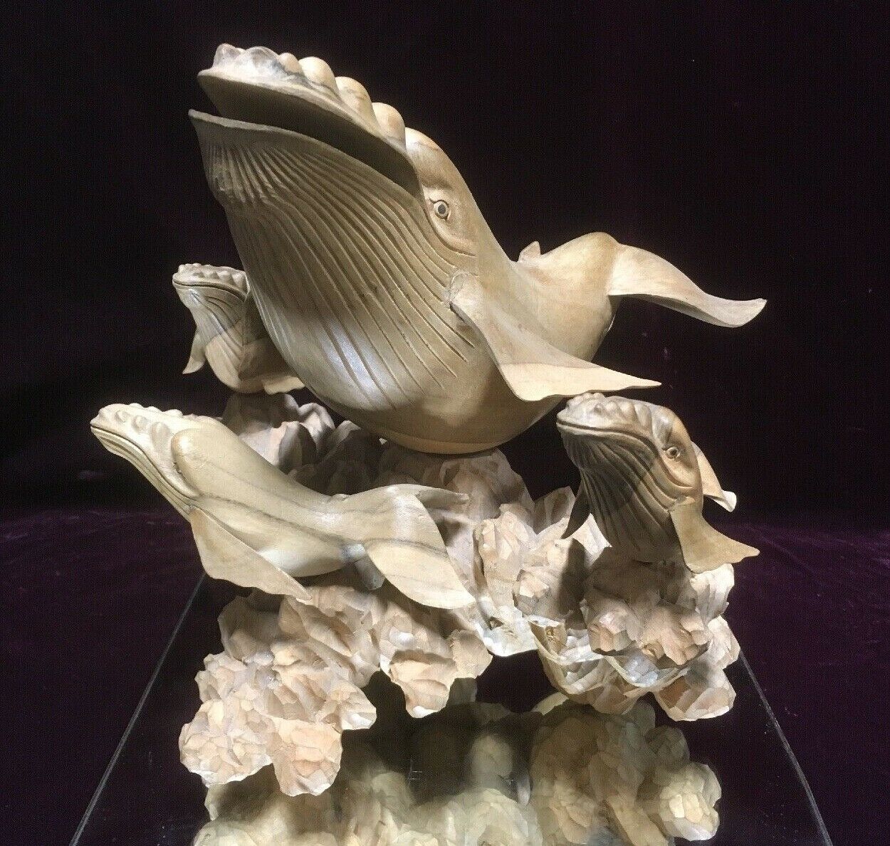 ORIGINAL Hand Carved Wood SCULPTURE Humpback Whales AT Play Unsigned 15\