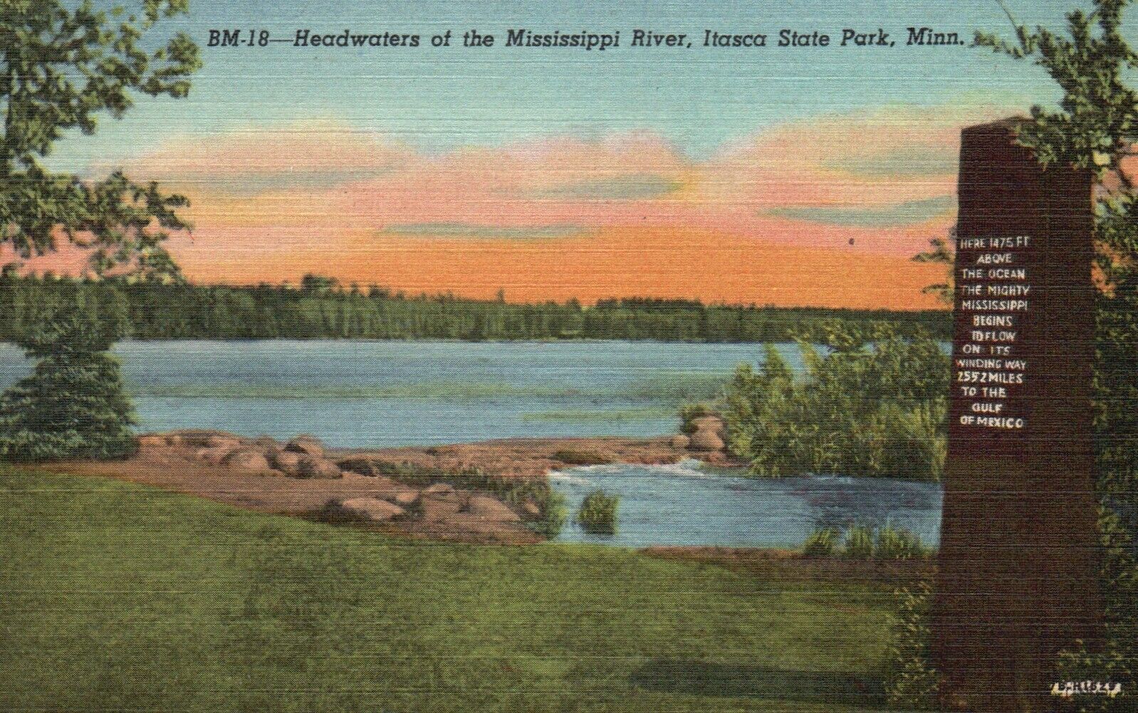 Postcard MN Itasca State Park Headwaters Mississippi River Linen PC J2048