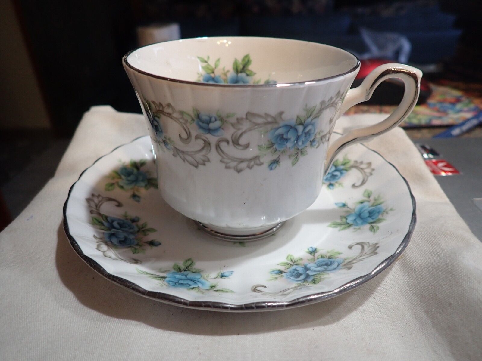LOVELY ROYAL STAFFORD TEA CUP & SAUCER Blue FLORAL BONE CHINA ENGLAND