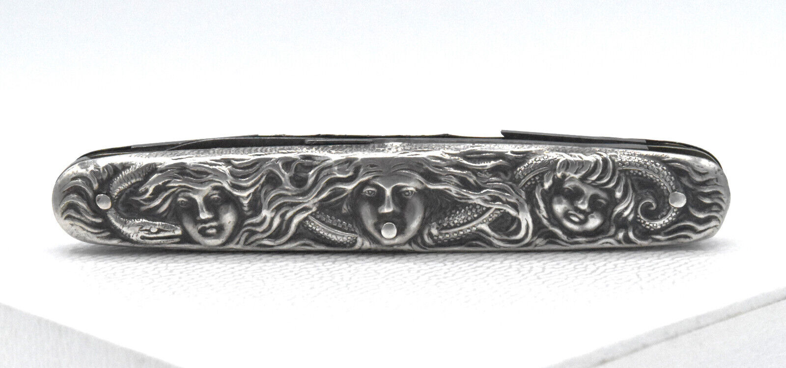 Antique Art Nouveau Sterling Silver Pocket Knife W/ Snake & Womens Faces