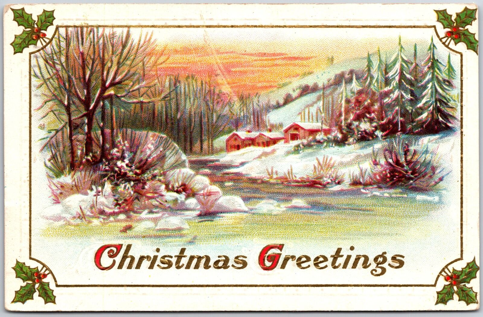 1912 Christmas Greetings Landscape Winter Snow Sunset Posted Postcard