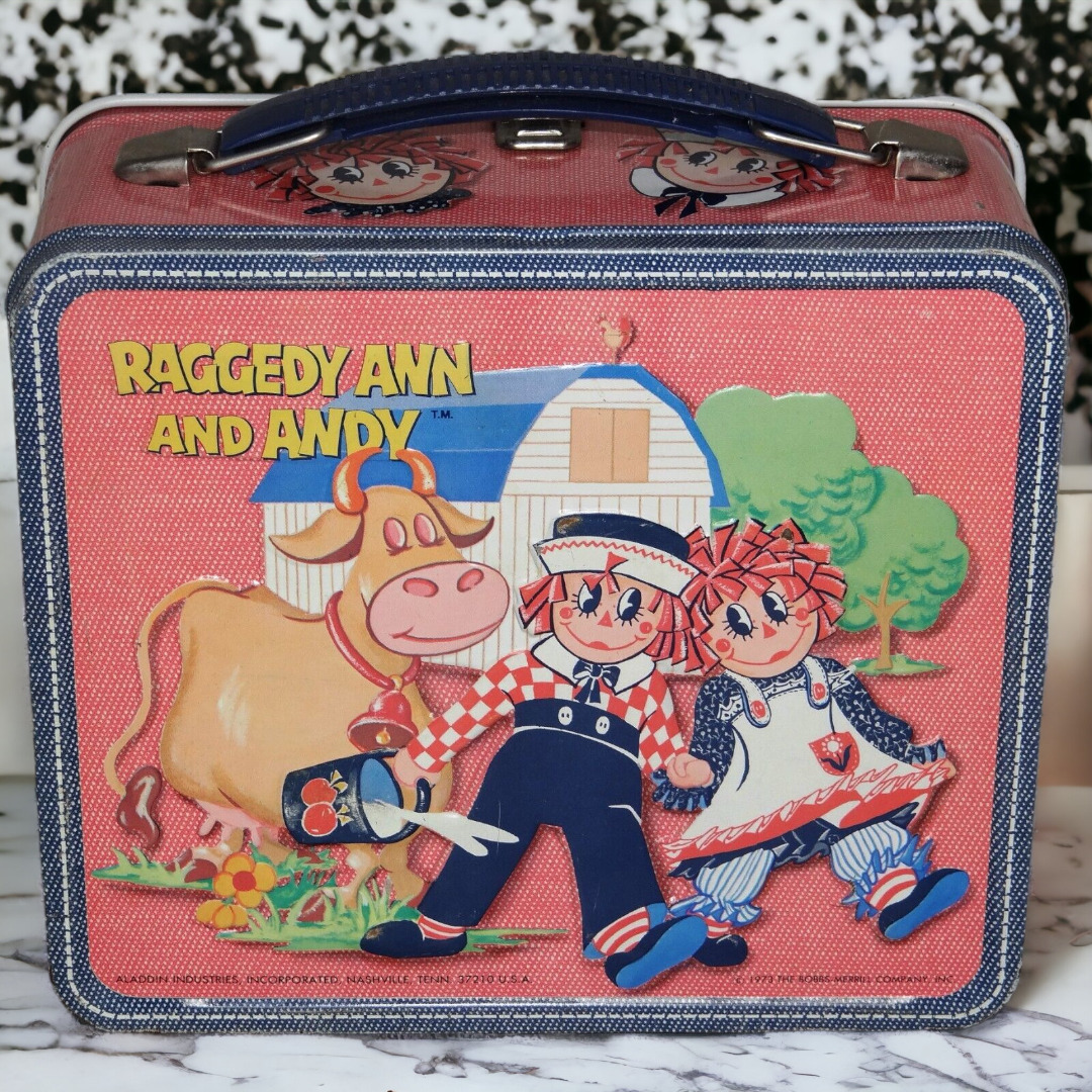 Aladdin Raggedy Ann and Andy Metal Tin Lunch Box  & Thermos Set Vintage 1973 EUC