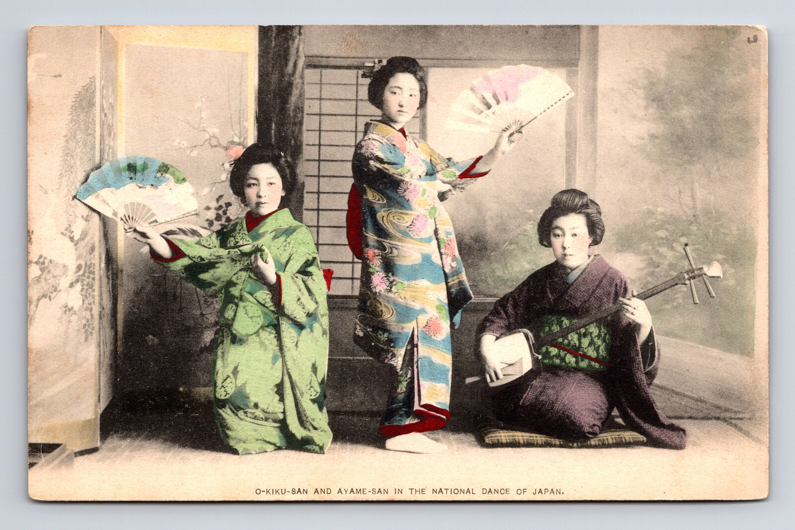 Three Japanese Women in Kimonos In National Dance of Japan Hand Colored Postcard