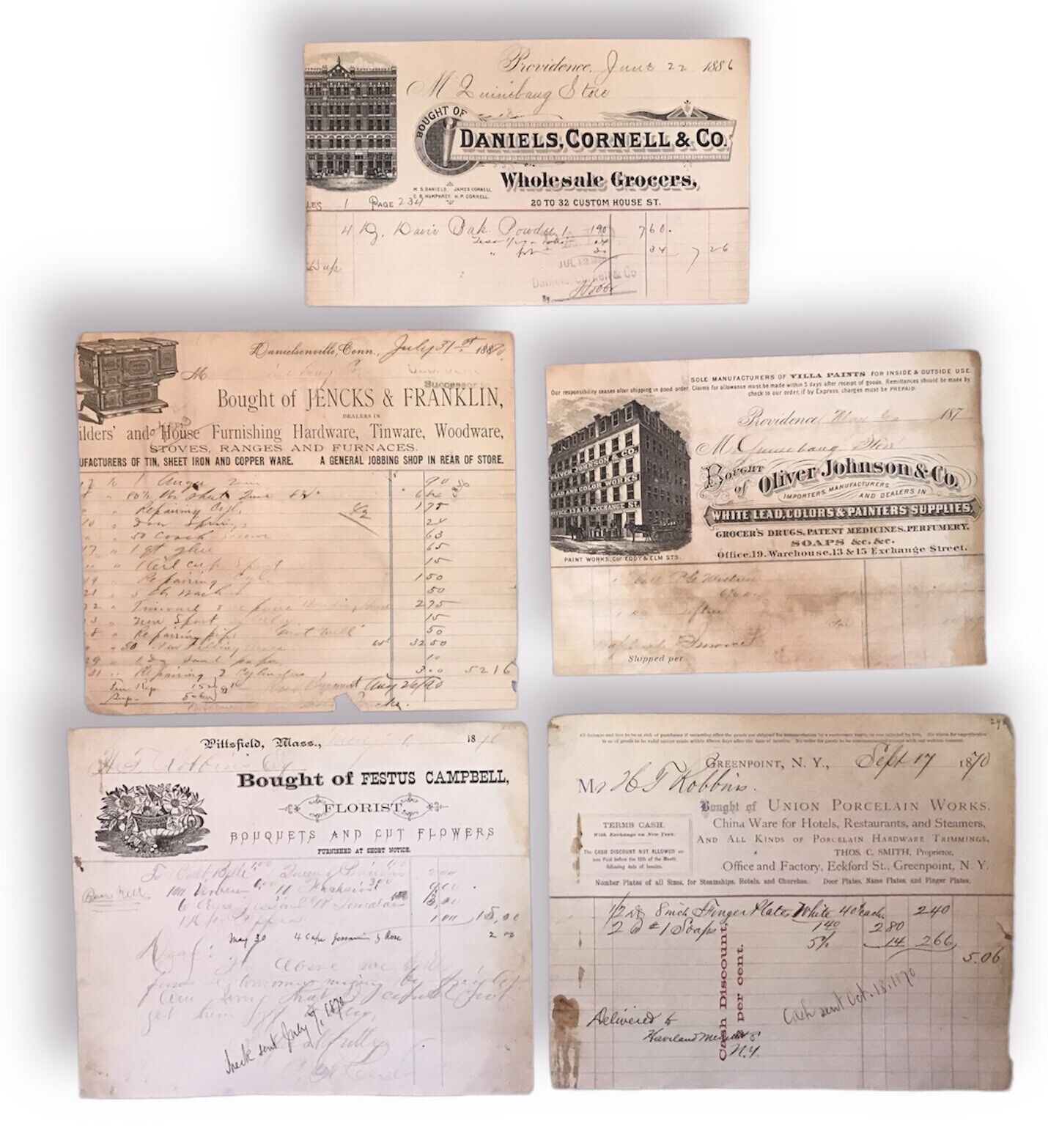 1870-1880’s Receipts USA American Manuscript Paper & Ink Docs Lot Of 5 Furniture