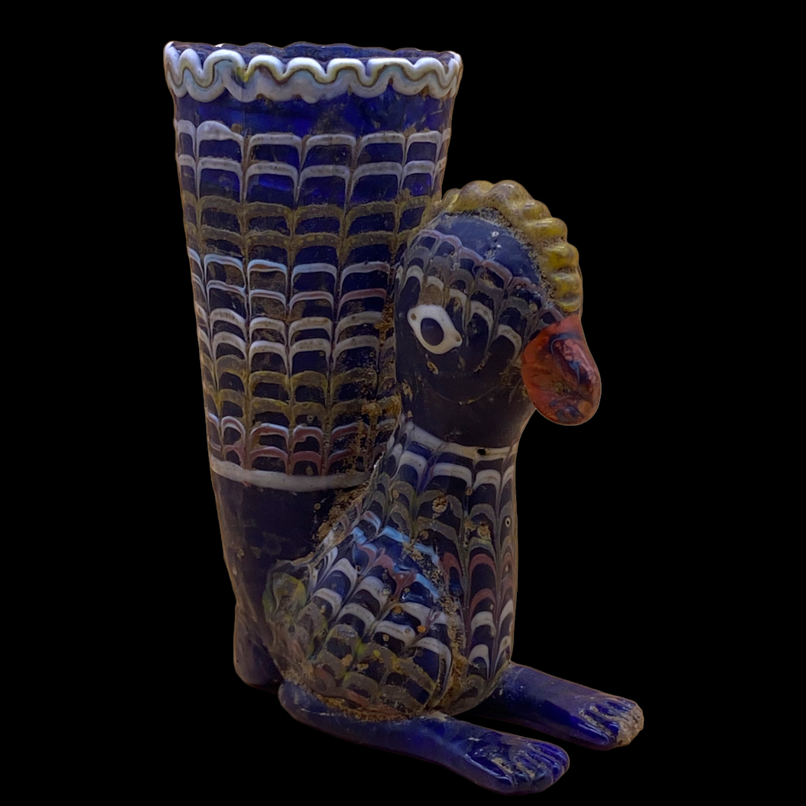 ANCIENT PHOENICIAN SANDCORE FORMED MOSAIC GLASS BIRD RHYTON VESSEL