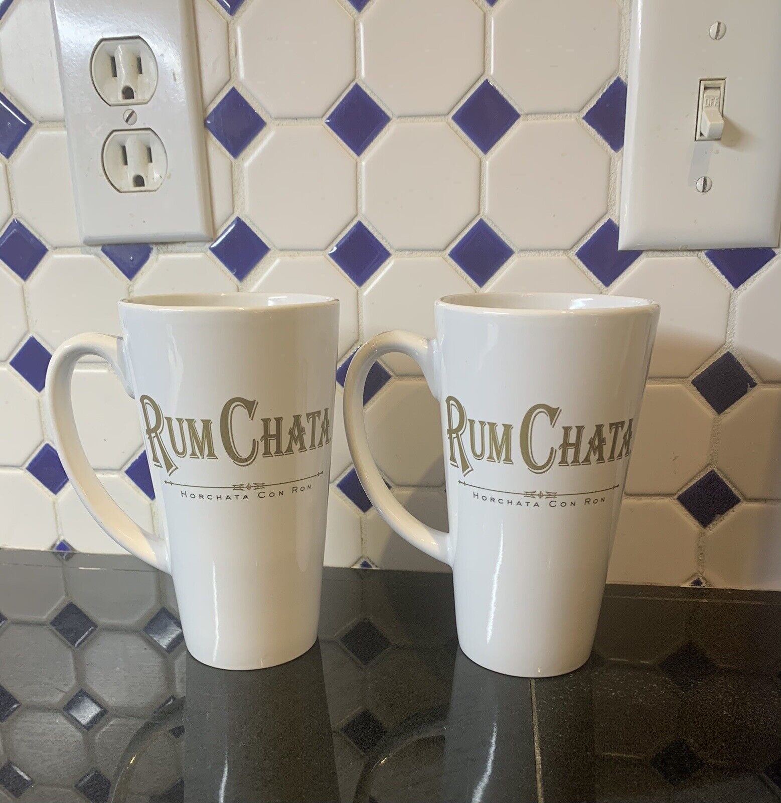 Rum Chata Horchata Con Ron White Gold Coffee Tea Latte Mug TALL - LOT TWO