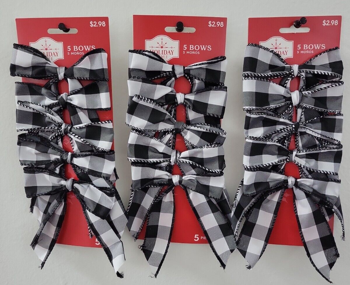 (LOT OF 3pks) Holiday Time Black & White Check Mini Bows, 5 Count. Ships Fast