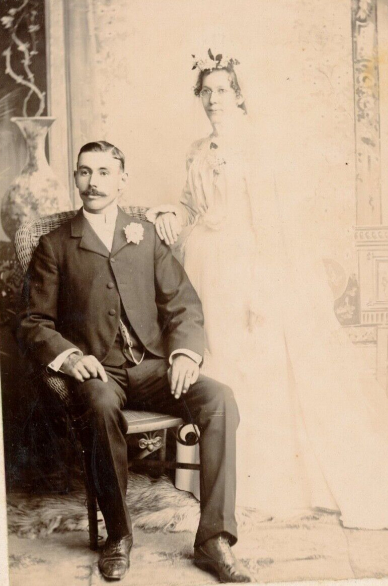 Antique Victorian Newly Weds Pregnant Wife ? Dress Bride Groom Studio Photo