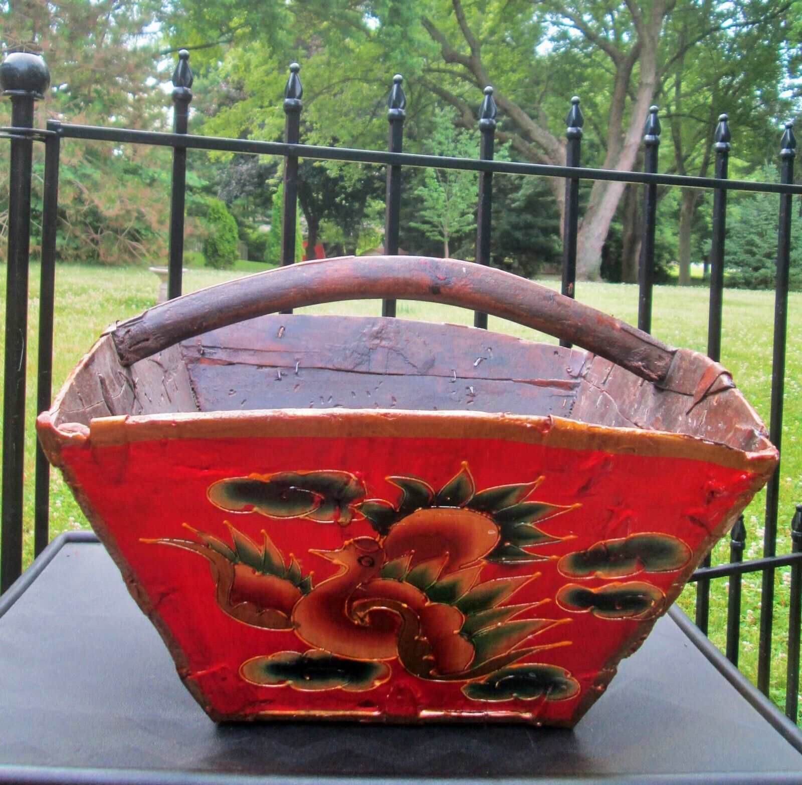 Antique Primitive Asian Japanese Red Lacquer Wood Rice Grain Basket Hand Painted