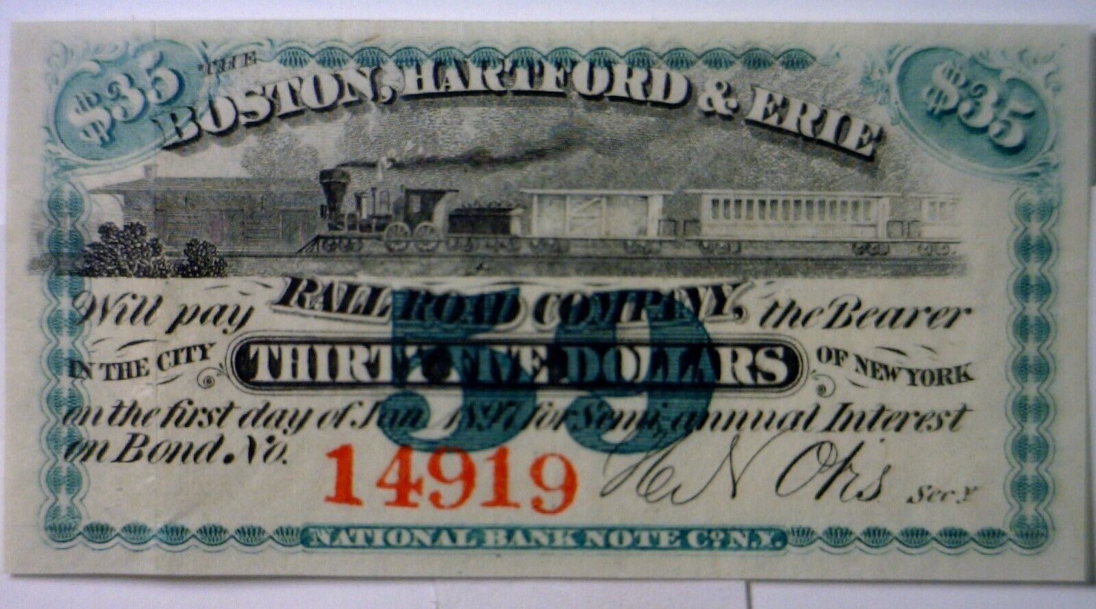 1860 s CONFEDERATE Civil War Era $35 Boston Hartford Erie RAILROAD Coupon Note
