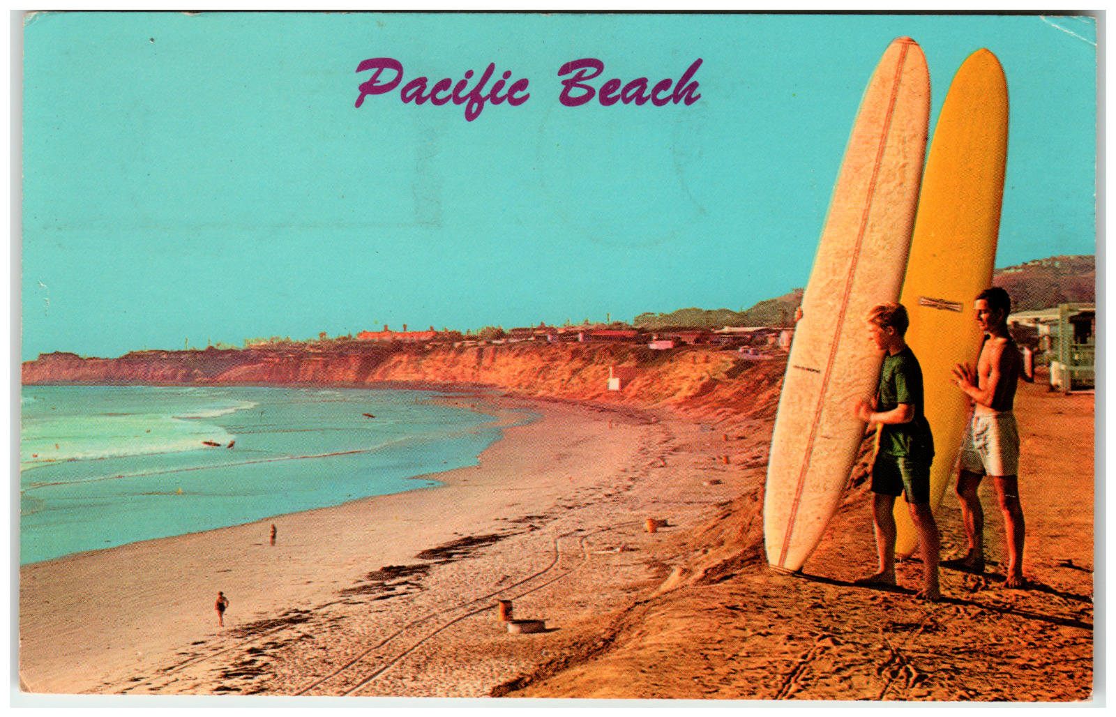 Postcard Chrome Pacific Beach San Diego, CA Surfers on the Beach