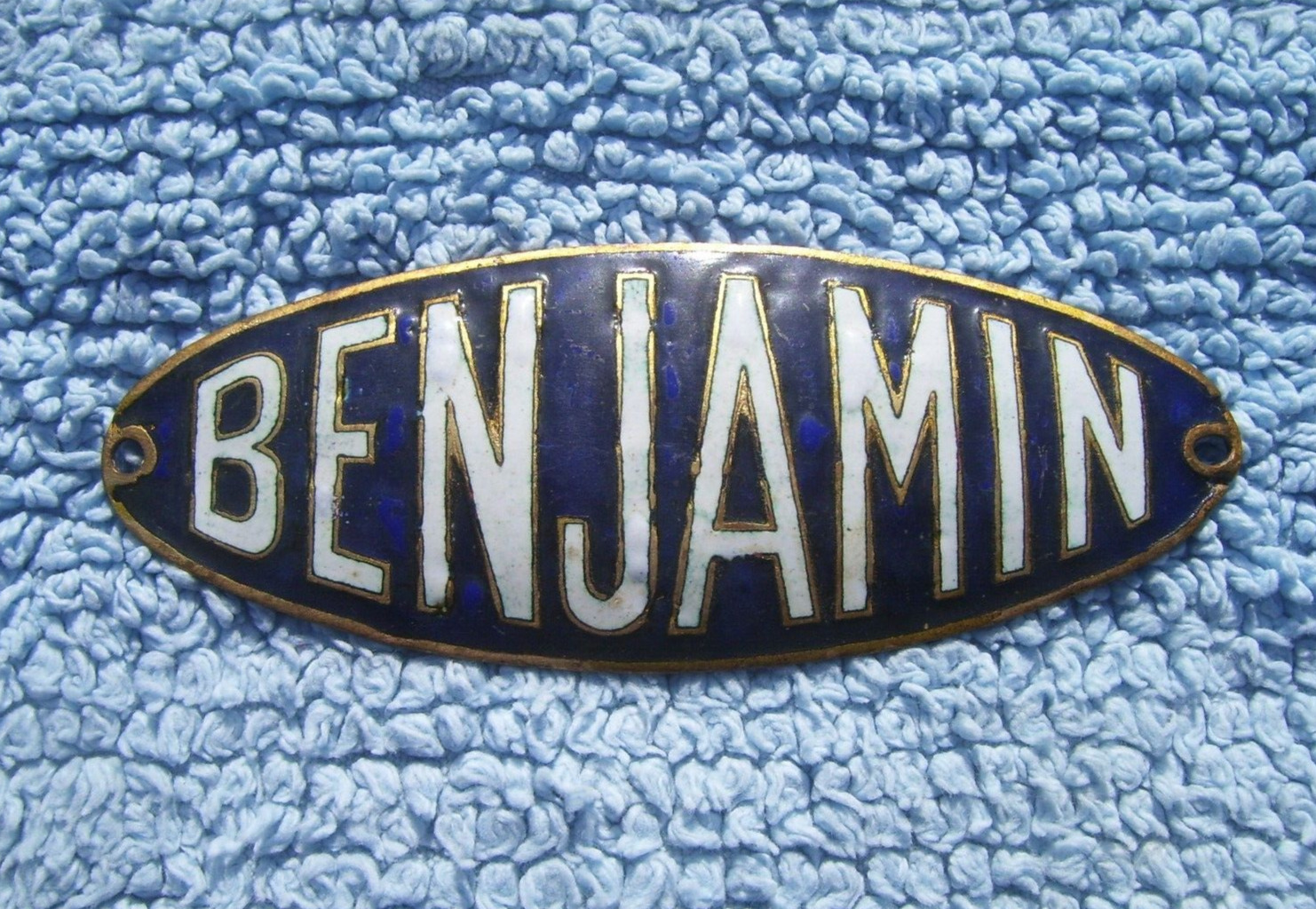 VINTAGE 1920s BENJAMIN CAR RADIATOR BADGE~FRENCH PRE WAR ENAMEL AUTO EMBLEM RARE