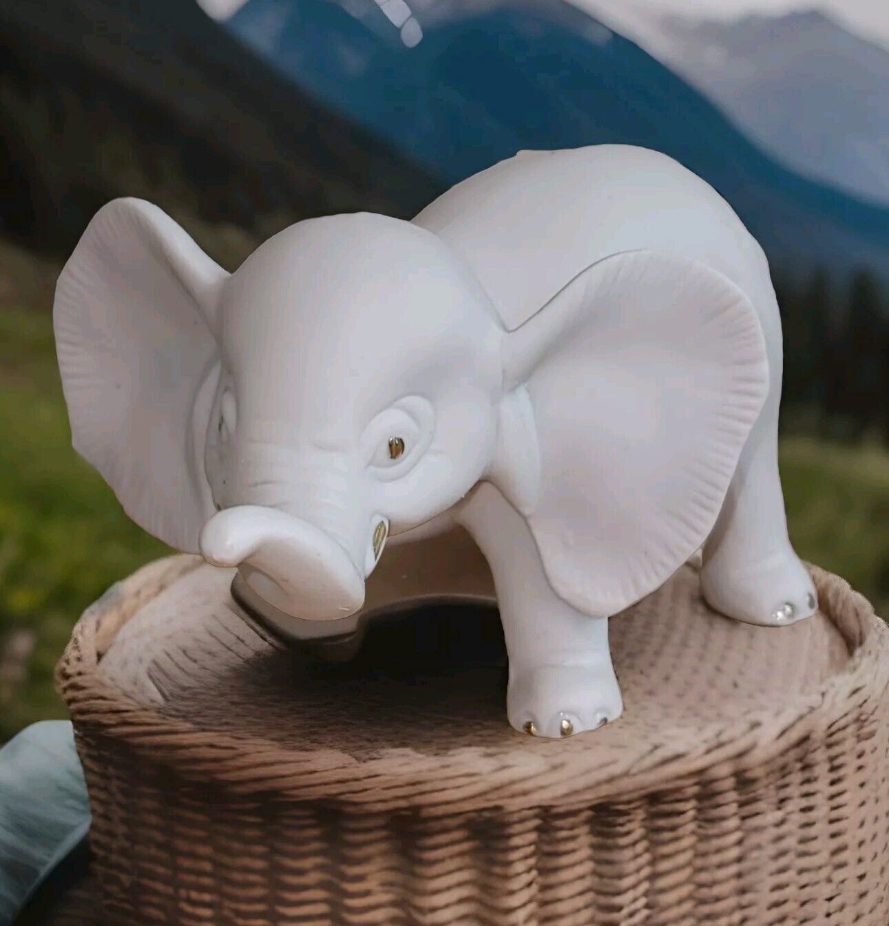 Vintage Cute Ceramic Porcelain Hand Painted Gold Elephant Figurine Bisque 