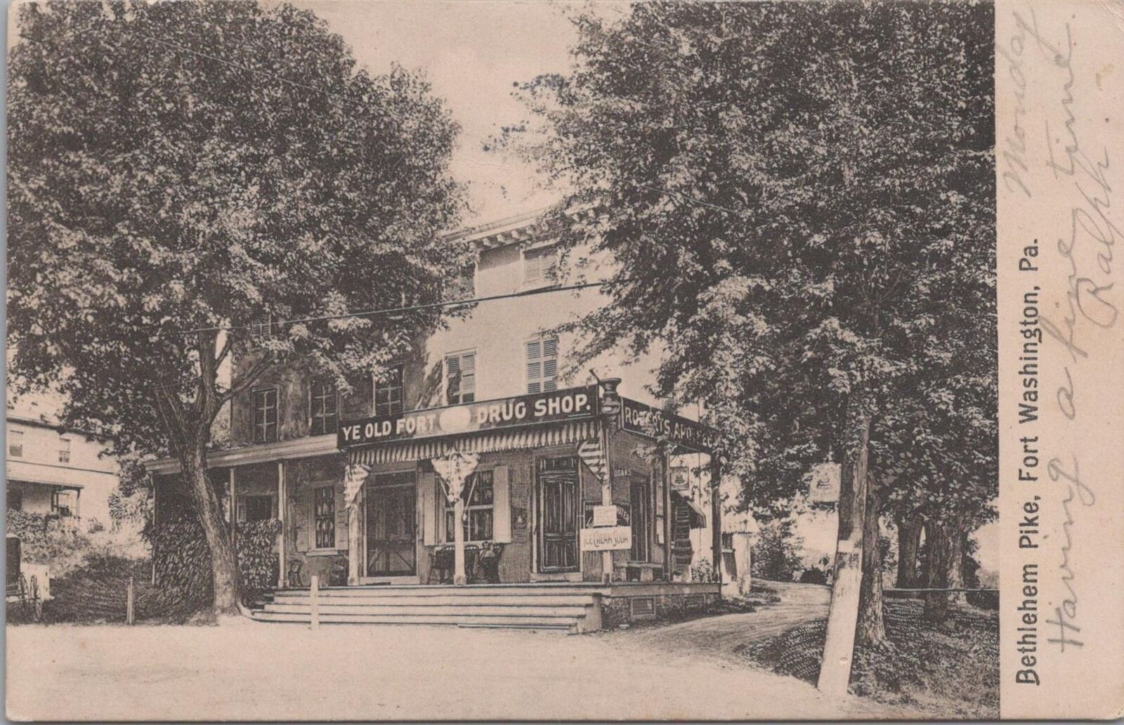 Postcard Ye Old Fort Drug Shop Bethlehem Pike Fort Washington PA 1906