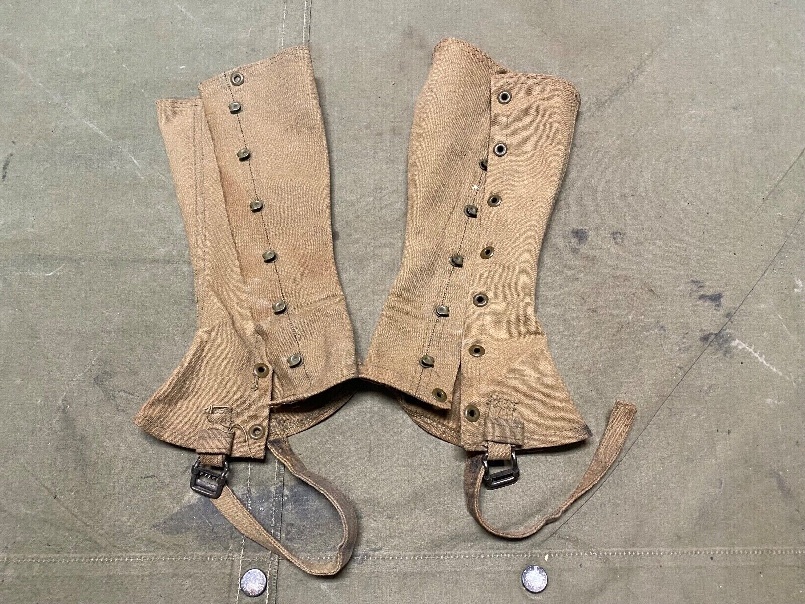 ORIGINAL WWI US ARMY M1910 COMBAT FIELD LEGGINGS-MAKER MARKED, SIZE 1