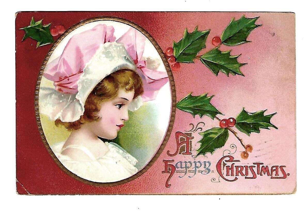 c1909 Christmas Postcard Victorian Girl Wearing Pink/White Bonnet, Embossed