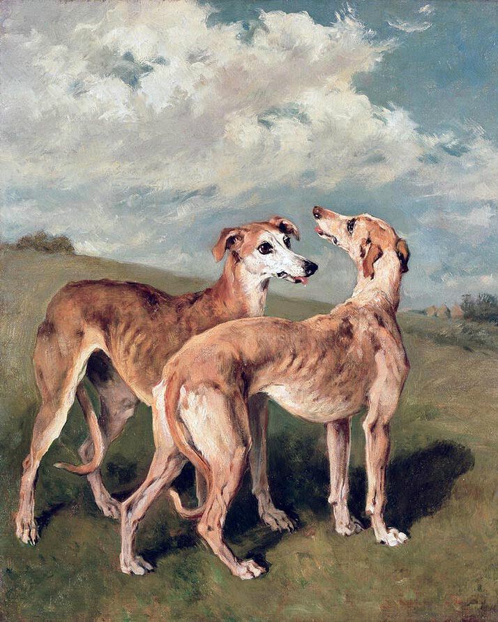 Hand painted work Oil painting nice two dogs in cloudy afternoon landscape