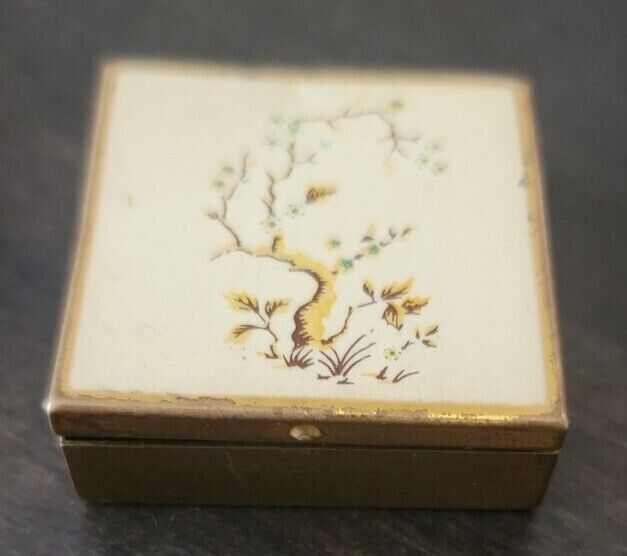 Vintage Floral Enamel & Metal Pill Box w/ Mirror & Spring Loaded Hinge