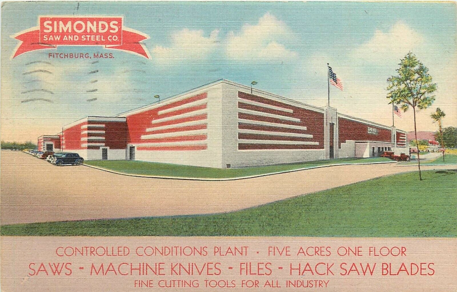 Postcard 1946 Massachusetts Fitchburg Simonds Saw advertising linen MA24-2031