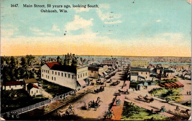 Postcard Depiction of Main Street Oshkosh Wisconsin WI 50 Years Ago 1913    Q294