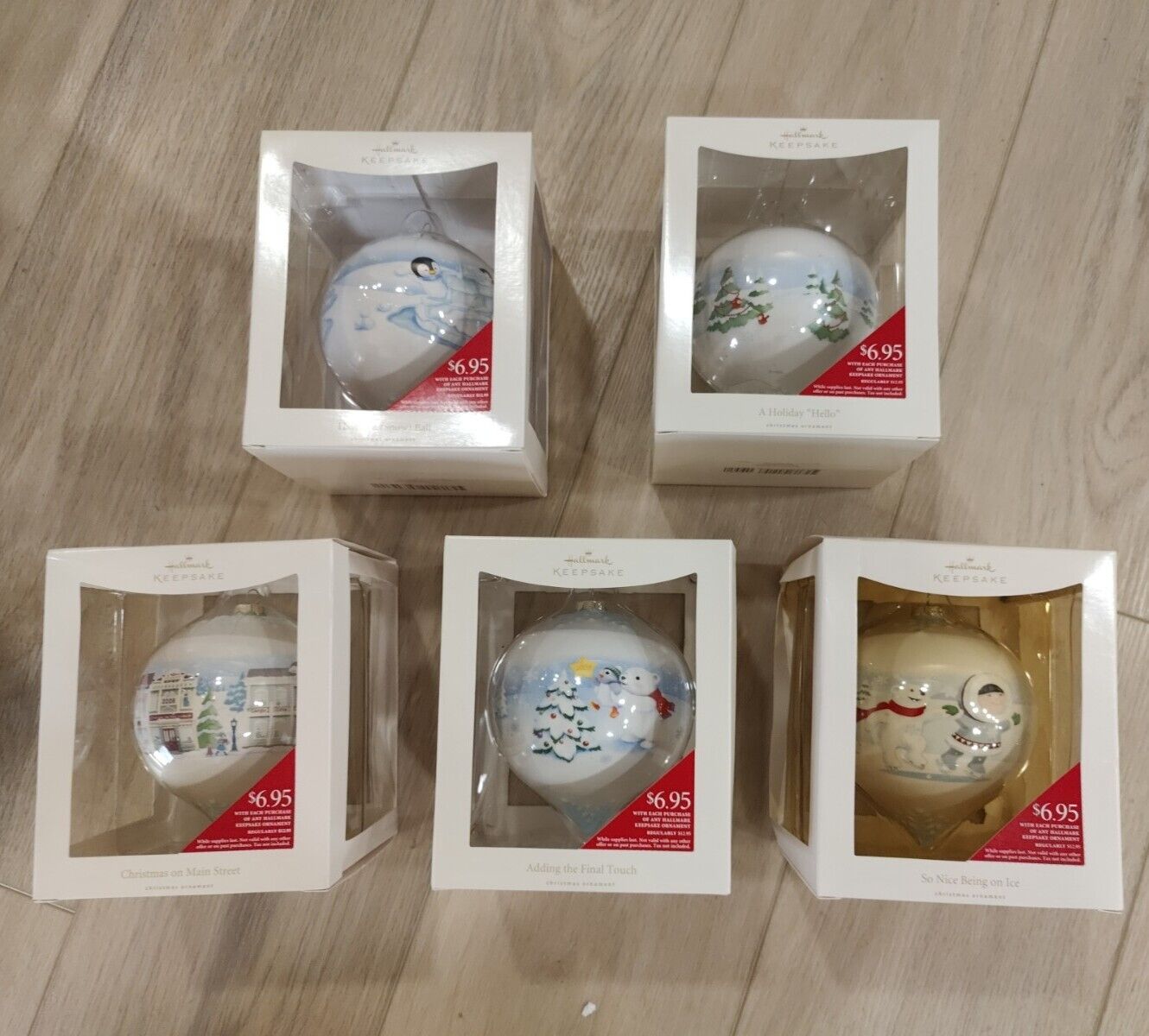 Lot Of 5 HALLMARK 2008 Ceramic Christmas Ball Ornaments Inspired By Earlier Ones