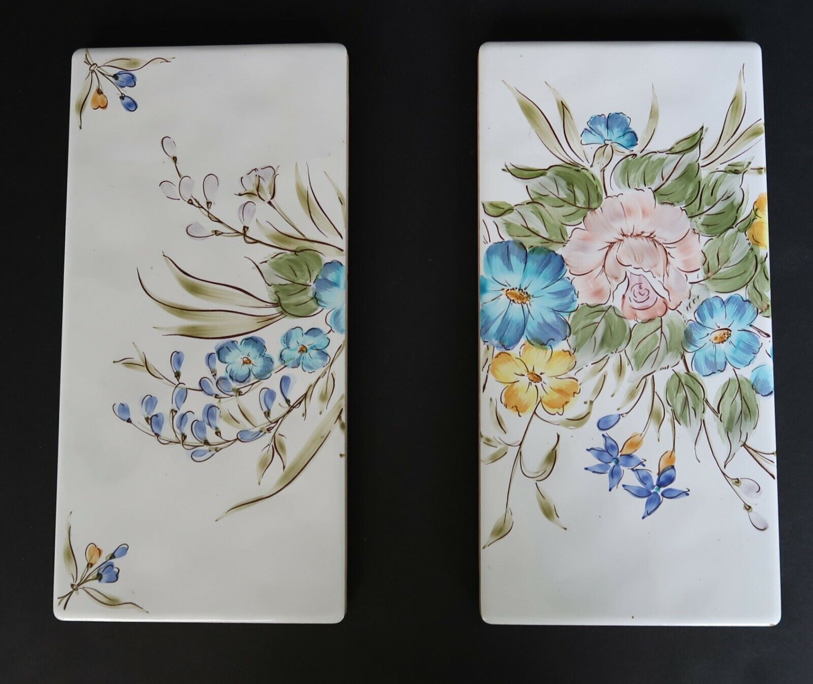 Pair of vintage Elios hand painted Italian porcelain tile trivets floral pattern