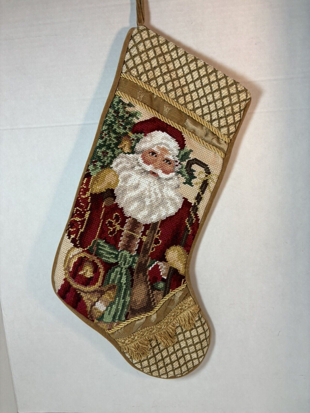 Vintage Handmade Wool Needlepoint Christmas Stocking Santa Velvet Back, Lined