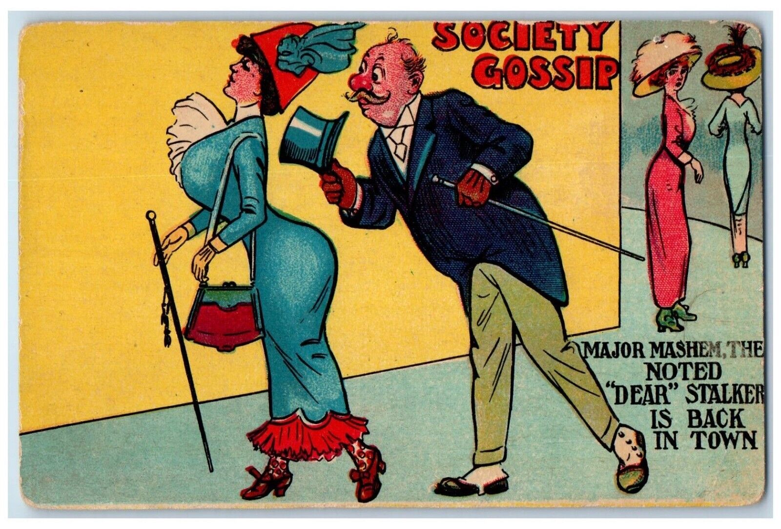 c1910's Society Gossip Major Mashem Girls Stalker Unposted Antique Postcard
