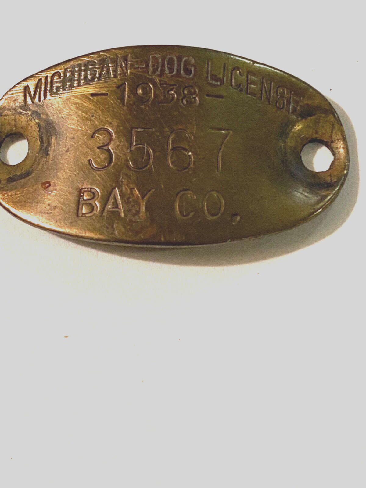 Brass 1938 Michigan Dog License Tag #3567~ Bay County ~Bay City, Michigan~SV81