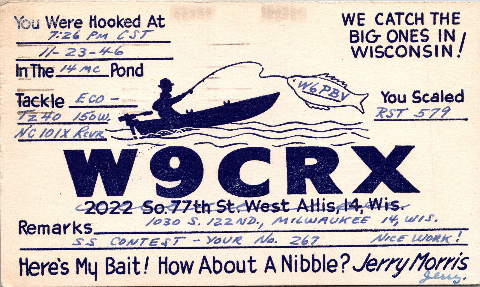 1946 W9CRX Jerry Morris Milwaukee WI Ham Radio Amateur QSL Card Postcard Vtg